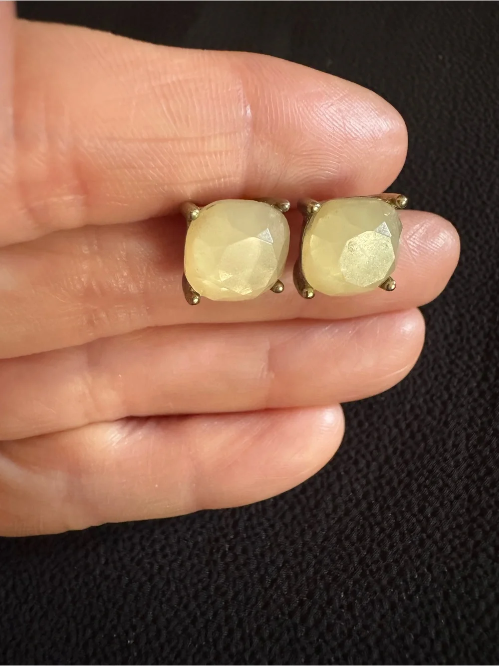 Cushion Cut Opaline Glass Stud Earrings Antique Gold Tone